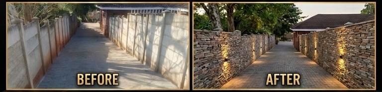 Before and after of a plain concrete boundary wall transformed into a lit stone-clad driveway