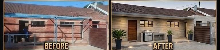 Before and after of a house exterior re-clad with stone and a new outdoor braai area